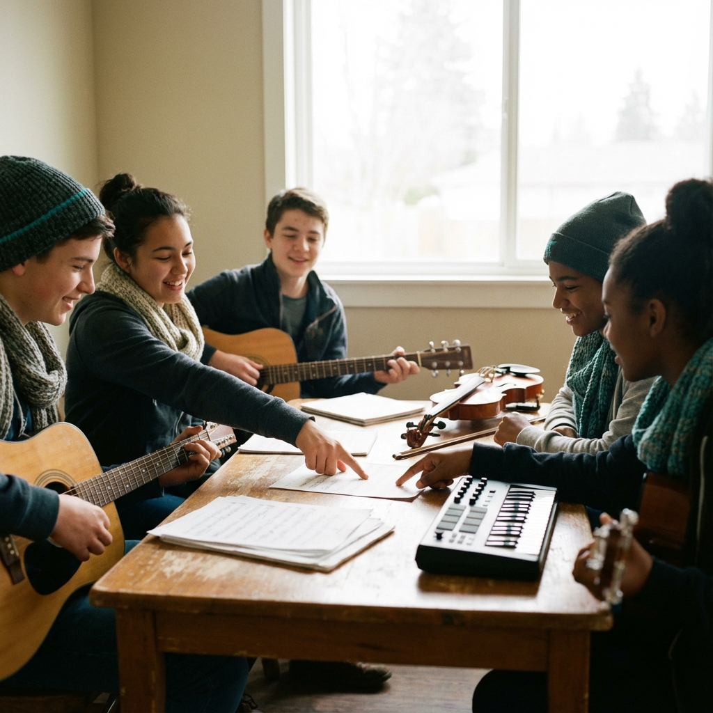 Teen musicians collaborating around sheet music