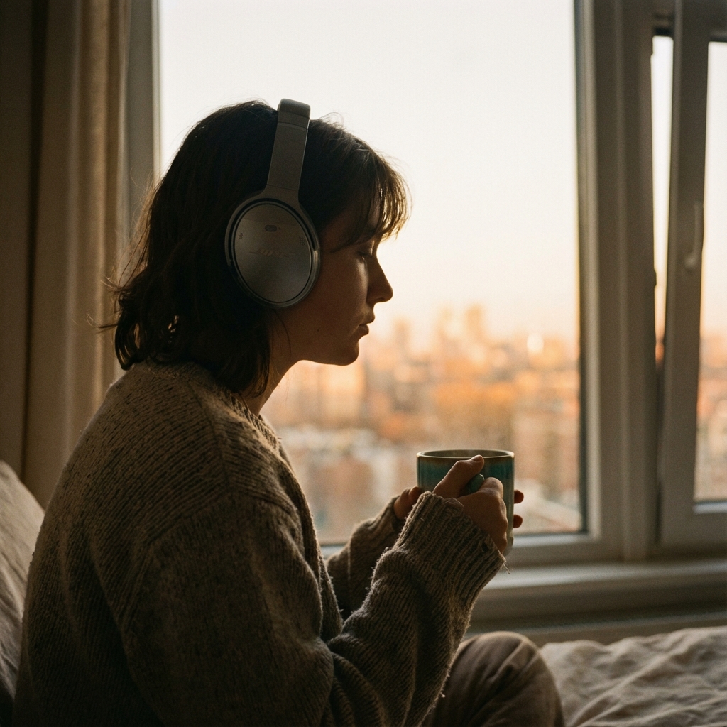 Person by window at sunset wearing headphones in calm mood